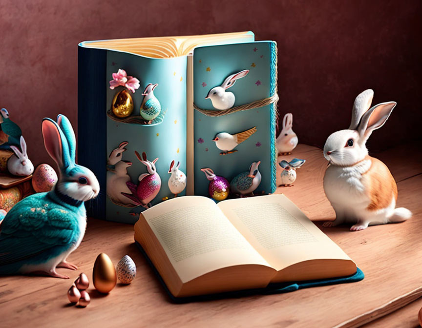 Open book with magical bird and rabbit illustration next to real rabbit and decorated eggs on table