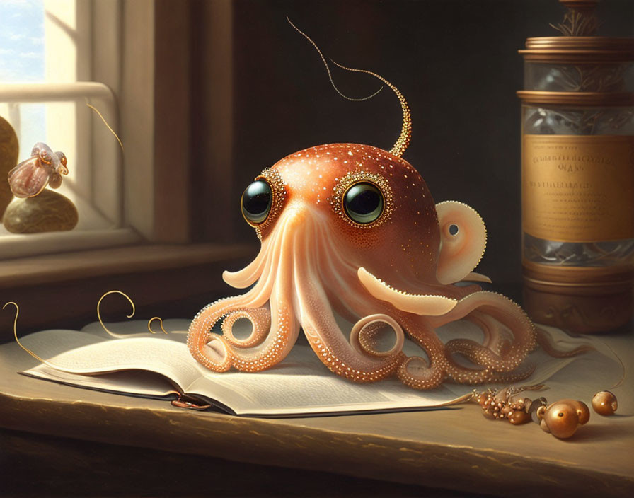 Anthropomorphic octopus reading book on desk with pearls, quill, and ink bottle