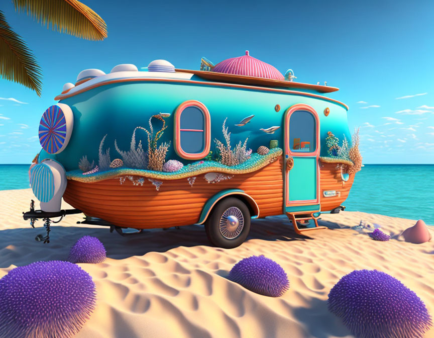 Vibrant marine-themed caravan on sandy beach with purple sea urchins.