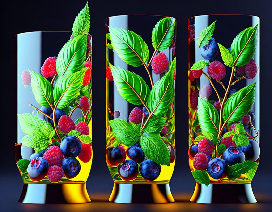 Colorful Raspberry and Blueberry Illustrations on Cylindrical Glasses