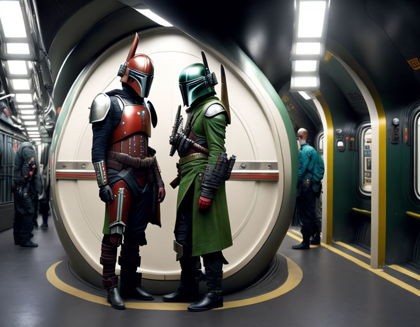 Armored characters in spacecraft hallway face off