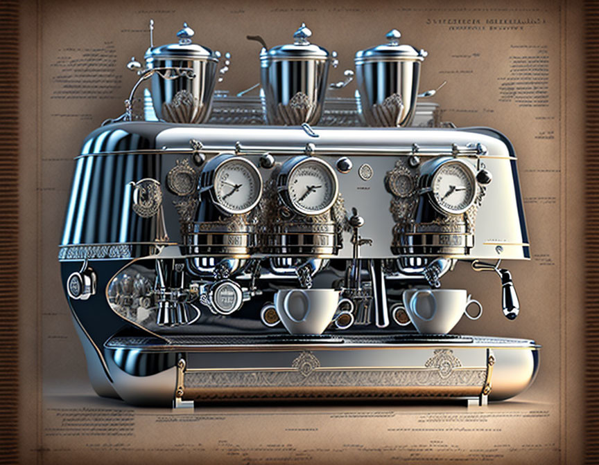 Steampunk-style espresso machine with gears, dials, and metallic finishes