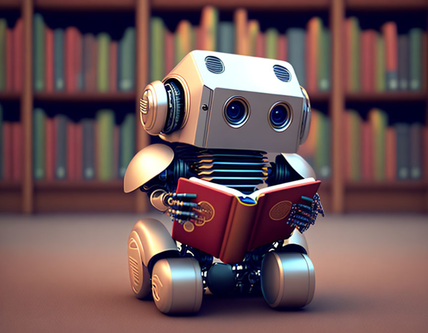 Adorable robot with big eyes and headphones reading book in library setting