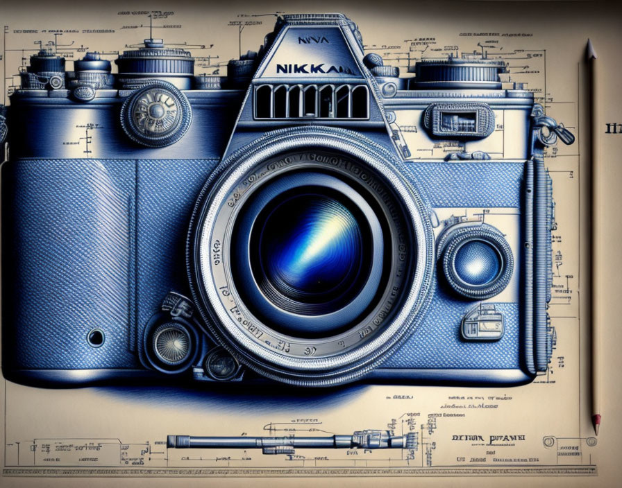 Detailed Vintage Camera Illustration with Blue Color Scheme and Prominent Lens