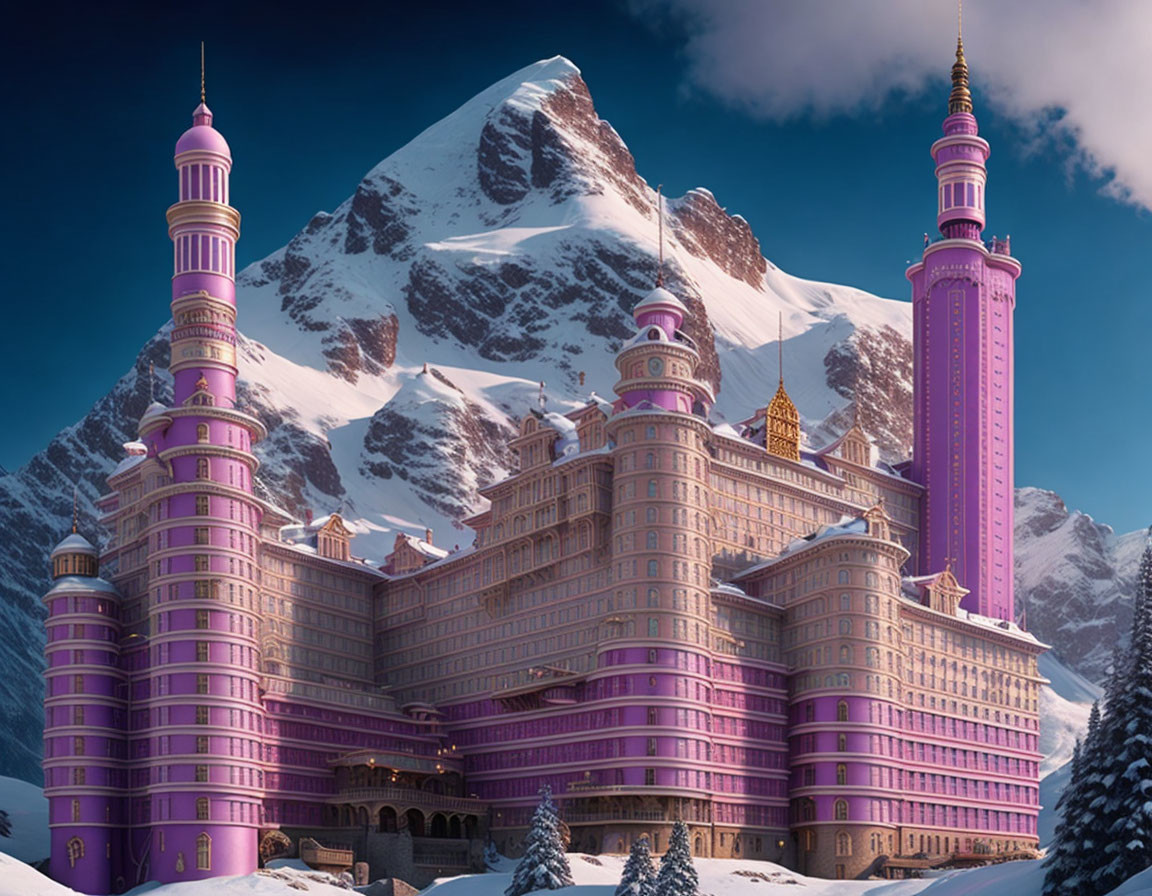 Purple palace with tall spires near snow-capped mountain