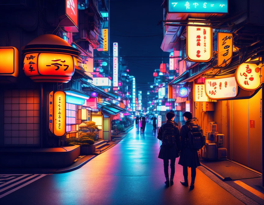 Night scene: Two people on neon-lit street with traditional lanterns