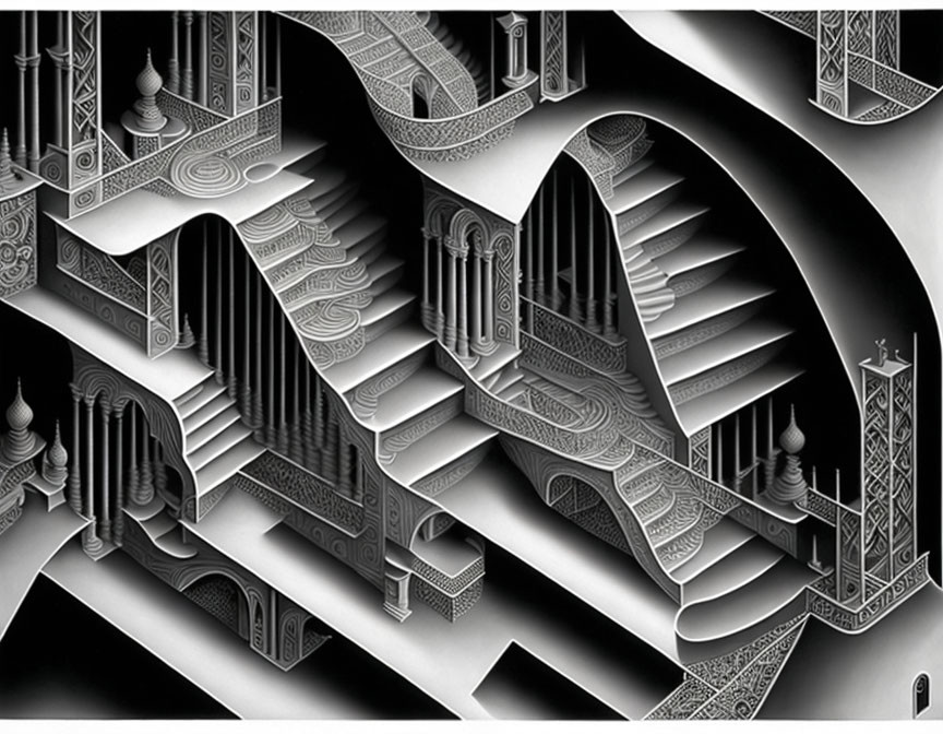 Detailed black and white fantasy architecture with impossible staircases