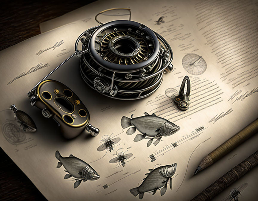 Vintage Fishing Reel and Lures on Illustrated Fish Document