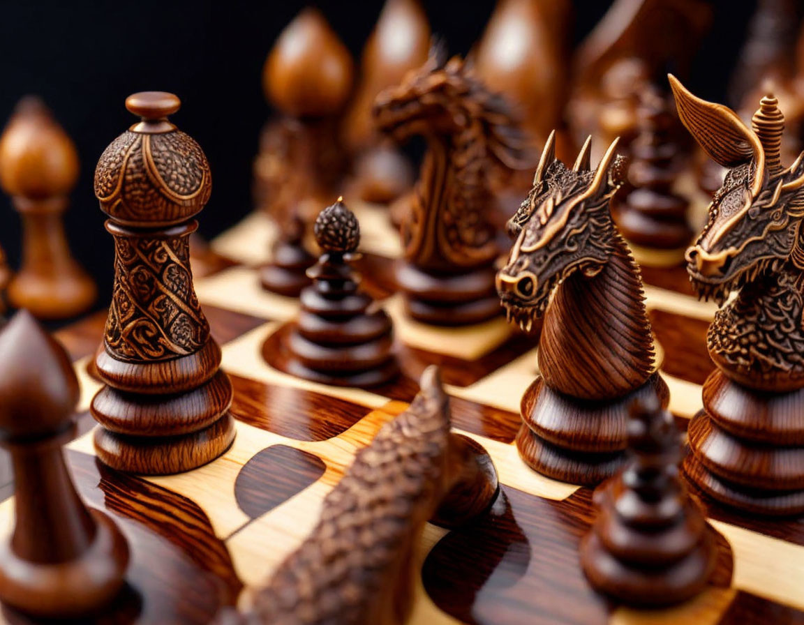 Intricate Dragon-themed Wooden Chess Set with Checkered Board