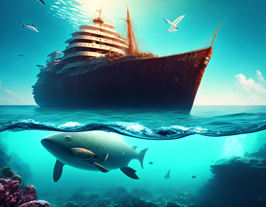 Vintage ship, shark, birds, and vibrant underwater ecosystem in surreal scene