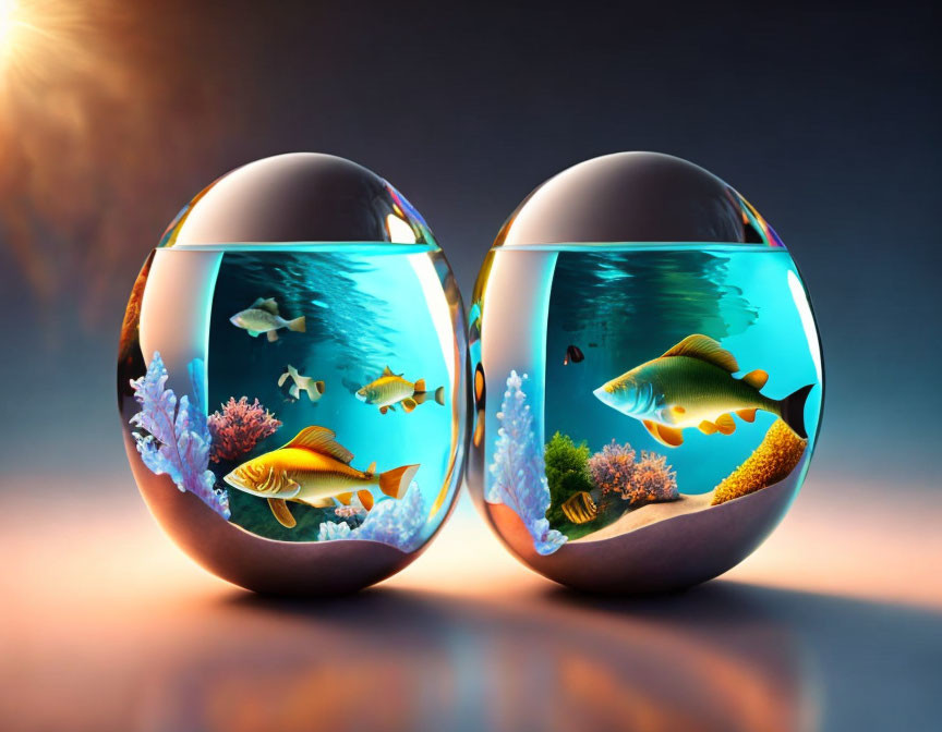 Colorful Fish and Coral in Spherical Aquariums on Reflective Surface