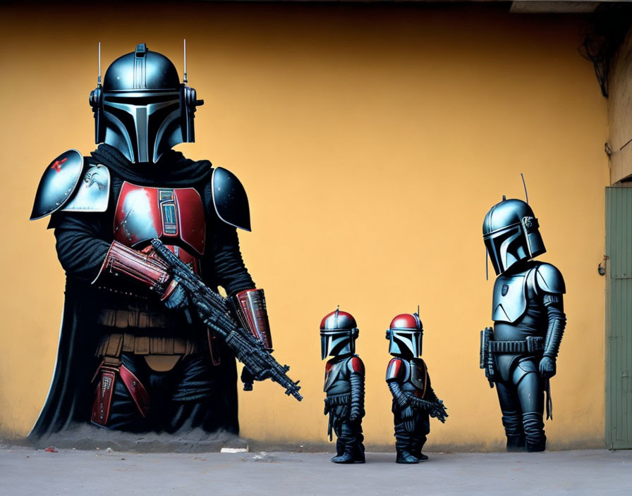 Family-themed Mandalorian armor mural on yellow wall