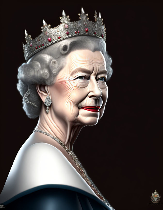 Elderly Woman Digital Artwork: Smiling with Crown and Blue Attire