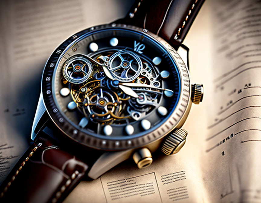 Mechanical Wristwatch with Exposed Gears, Blue Accents, and Gold Hands on Open