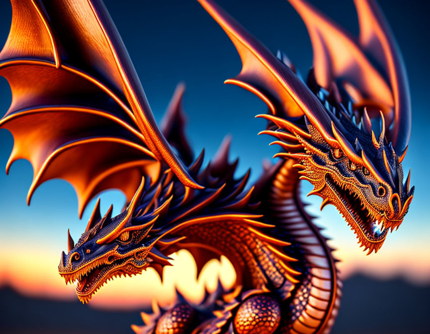 Detailed Dragon Artwork with Glowing Eyes in Twilight Sky