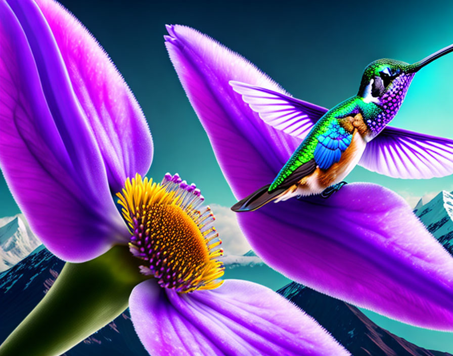 Colorful hummingbird feeding on purple flower with mountain background