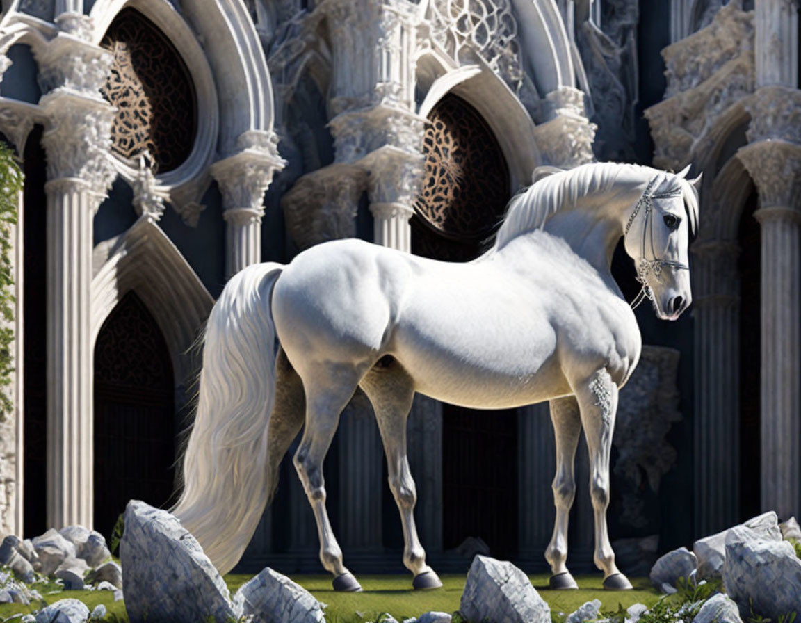 White Horse in Front of Gothic Cathedral with Scattered Stones