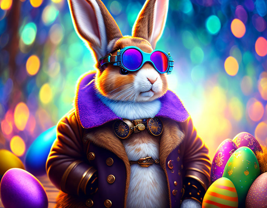 Anthropomorphic rabbit in stylish jacket and goggles surrounded by colorful lights and Easter eggs.