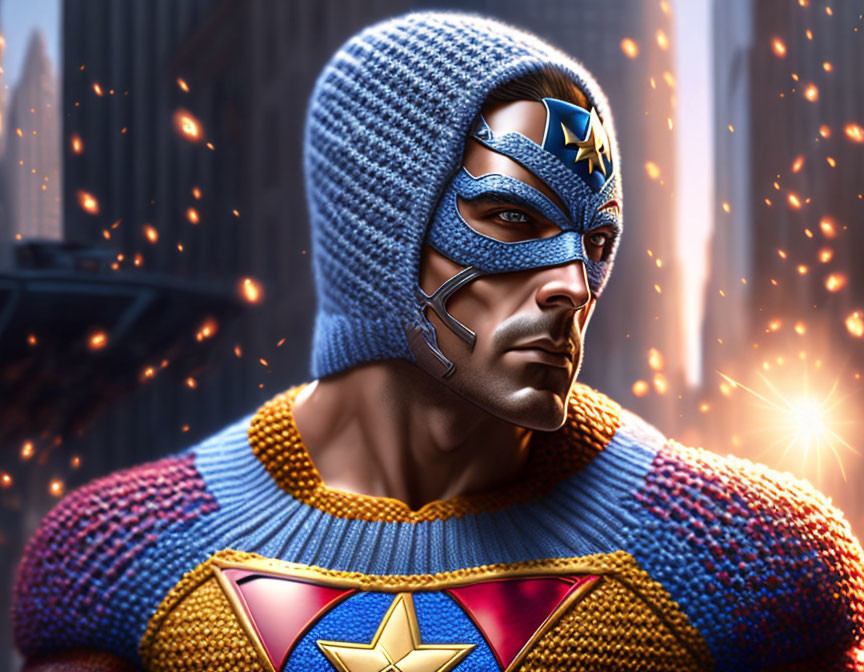 Superhero digital art: blue mask, star emblem, glowing embers background