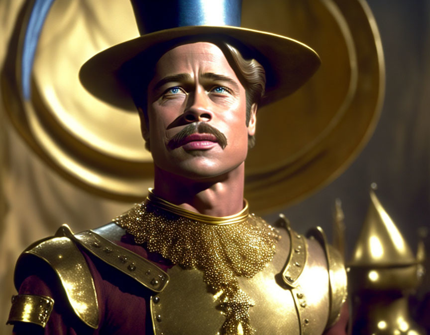 Man in Golden Military-Inspired Suit and Top Hat Gazing into Distance