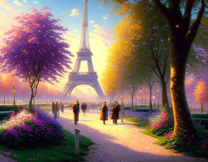 People walking near Eiffel Tower among blooming purple trees in sunlight