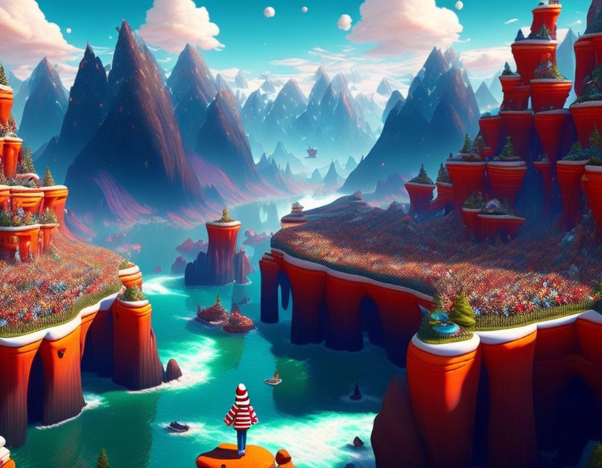 Colorful Flora, Mountains, Islands, and Bridges in Fantasy Landscape