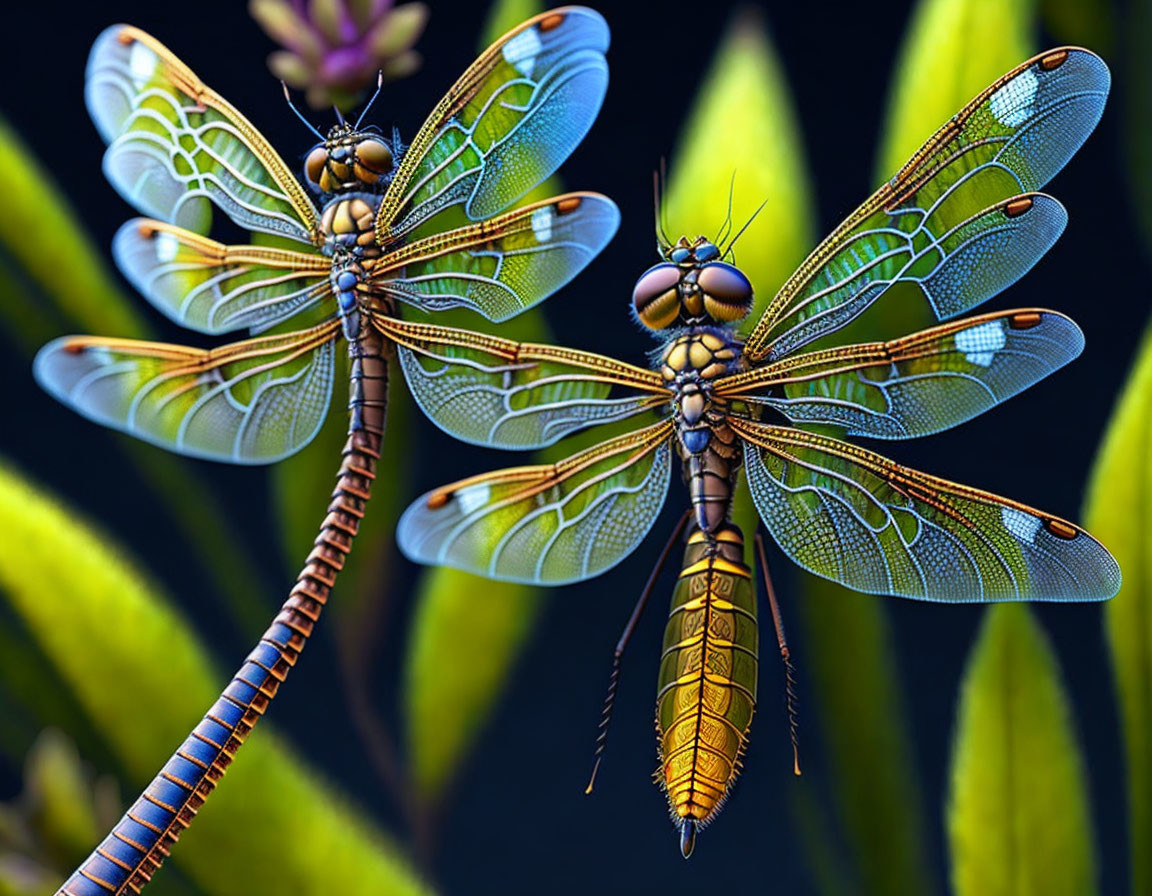 Detailed Dragonflies with Transparent Wings Perched on Green Leaves