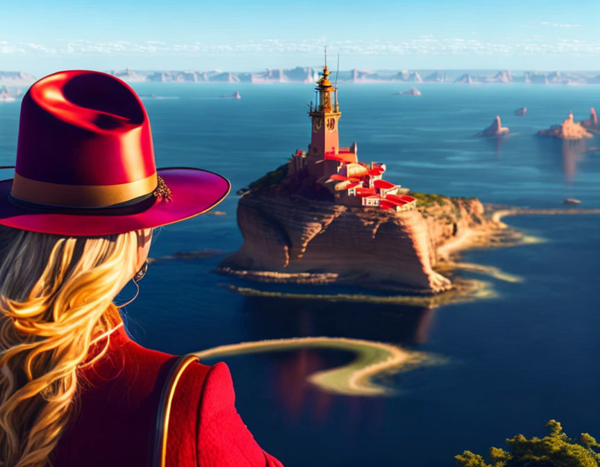 Woman in red hat and jacket gazes at coastal lighthouse on cliff with rock formations against blue sky