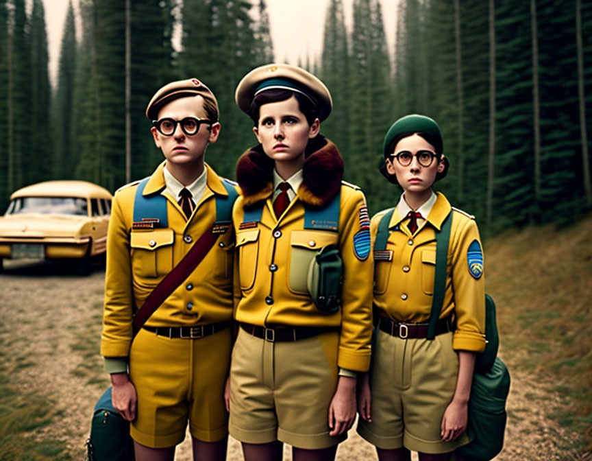 Vintage scout uniforms worn by three children in serious demeanor against forest backdrop with yellow school bus.