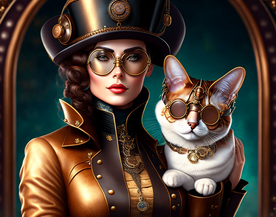 Steampunk woman and cat in retro-futuristic attire with goggles