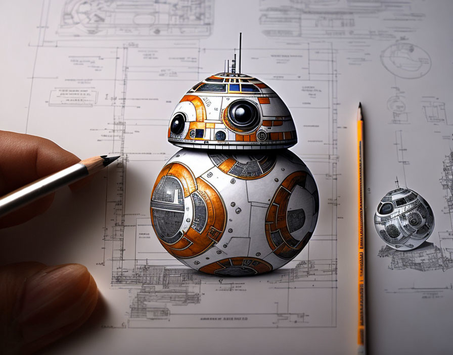 Hand sketching BB-8 illustration with design blueprints in the background