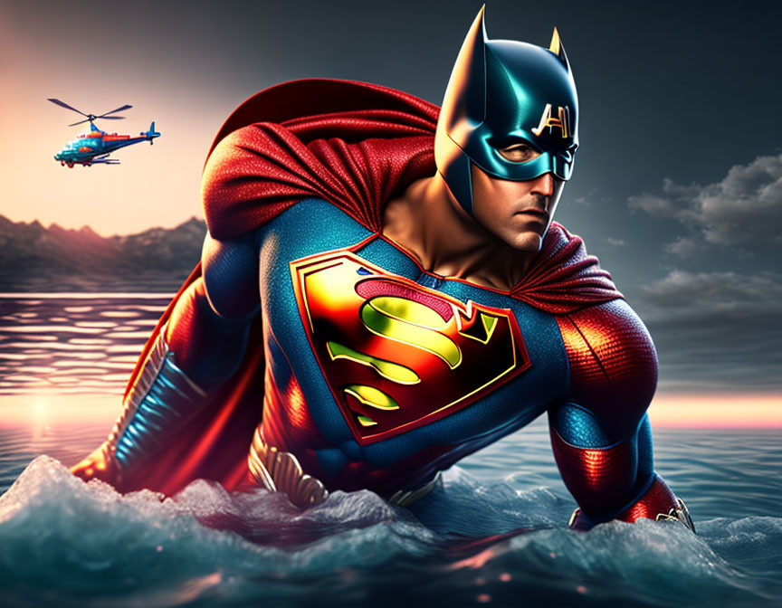 Muscular superhero in Batman mask and Superman costume flying over ocean at sunset with helicopter in background