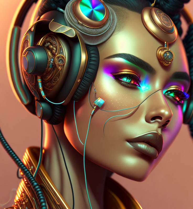 Futuristic digital artwork of a woman with glowing makeup