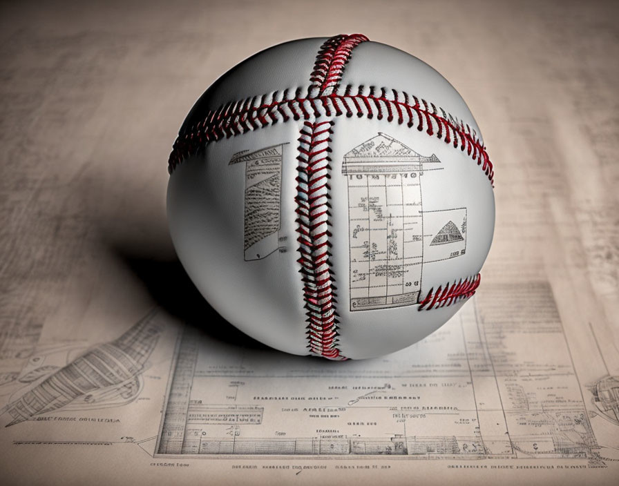 Red Stitched Baseball Resting on Vintage Architectural Blueprints