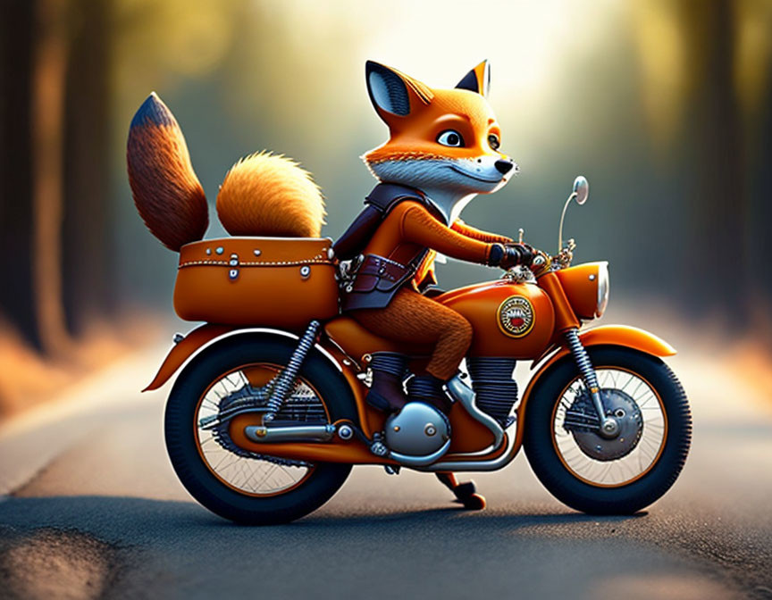 Animated fox in leather jacket and goggles on classic motorcycle in sunlit forest.