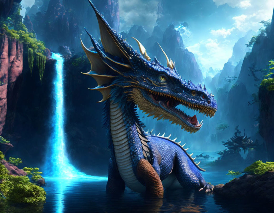 Majestic blue dragon by waterfall in mystical forest