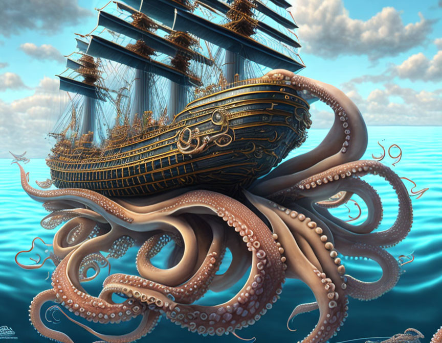 Giant octopus entwined around antique sailing ship on calm ocean