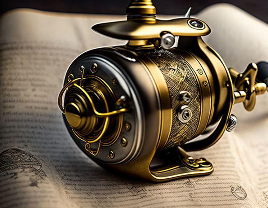 Detailed Vintage-Style Fishing Reel on Open Book