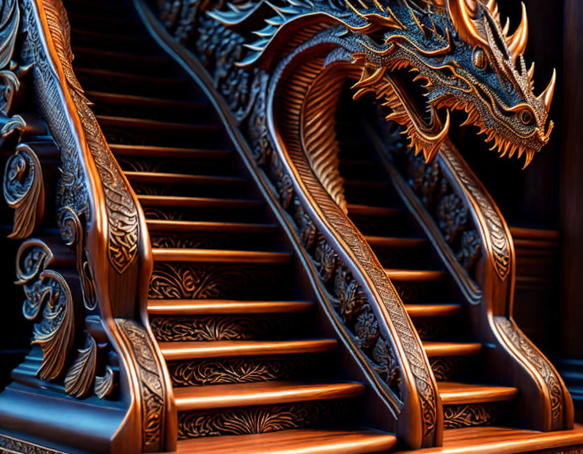 Intricate Wooden Dragon Banister with Ornate Stair Steps