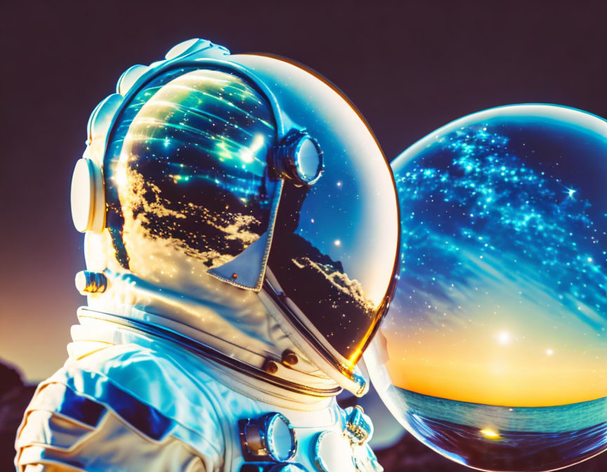 White spacesuit astronaut gazes at surreal cosmic orb in twilight scene