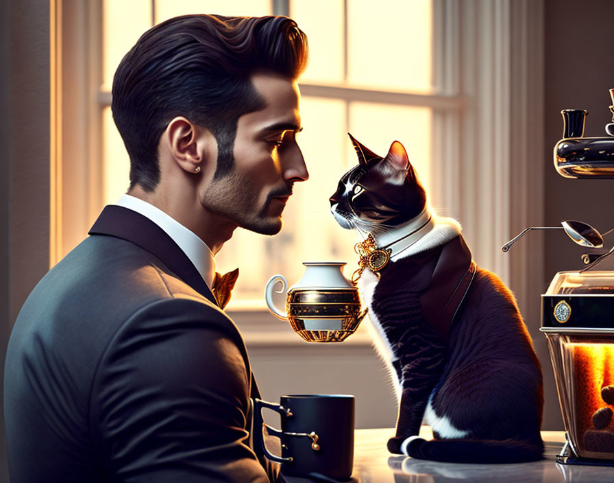 Elegant man in suit and cat with pearl collar at table with teapot