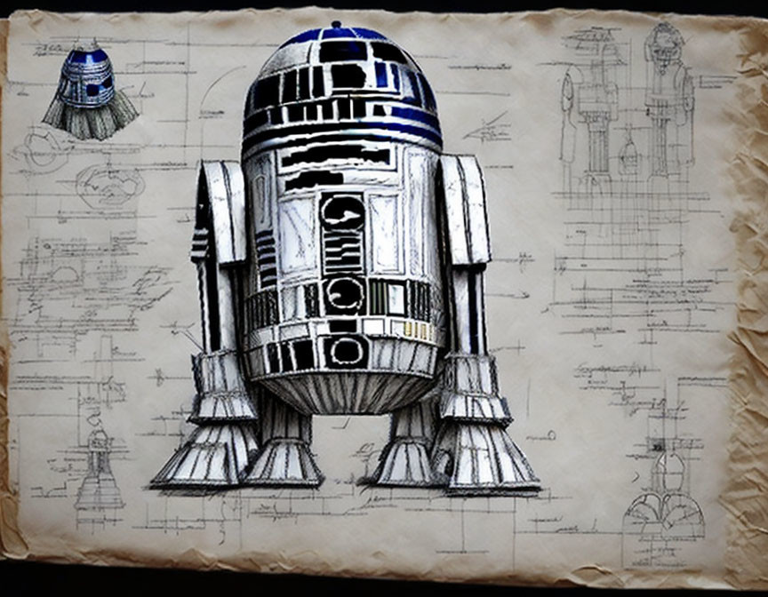 Detailed R2-D2 droid illustration with schematics and blueprints