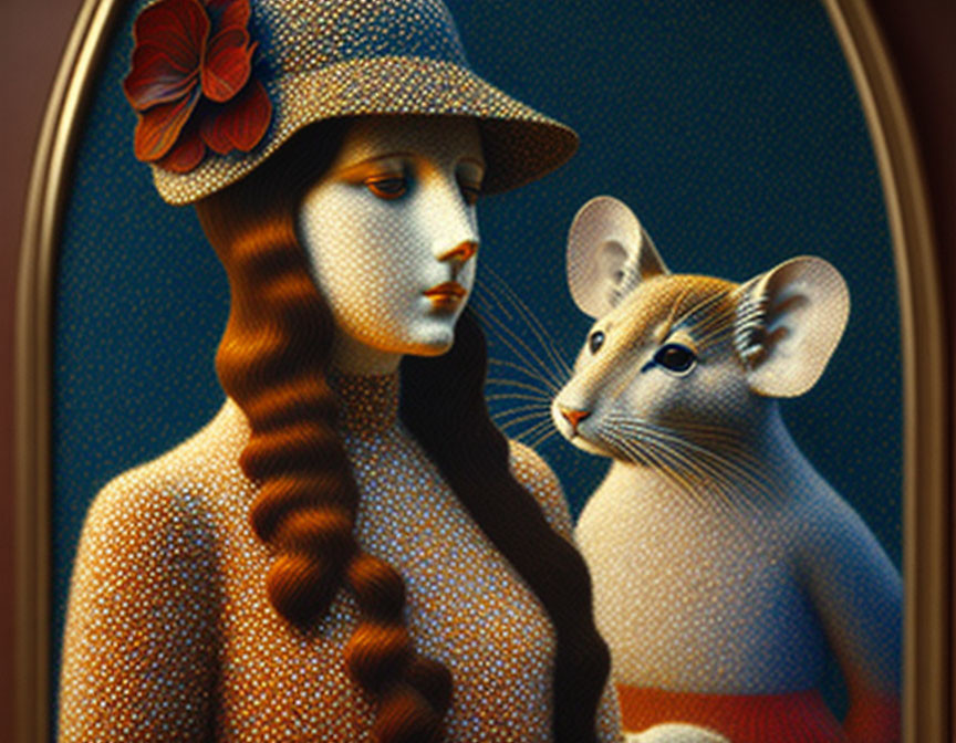 Surreal artwork of woman with braided hair and flower hat gazing at anthropomorphized