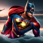 Muscular superhero in Batman mask and Superman costume flying over ocean at sunset with helicopter in background