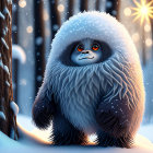 Fluffy Yeti Creature in Snowy Forest Scene