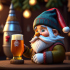 Smiling elf with pointed ears holding beer in cozy tavern