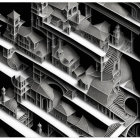 Detailed black and white fantasy architecture with impossible staircases