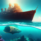 Vintage ship, shark, birds, and vibrant underwater ecosystem in surreal scene