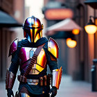 Elaborate Mandalorian armor in bustling market alley