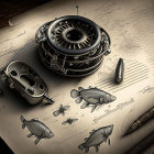 Vintage Fishing Reel and Lures on Illustrated Fish Document